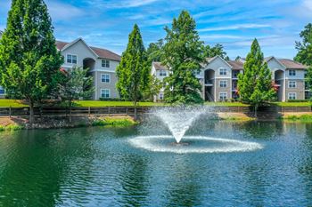 Fountain in the lake at Lake Cameron Apartment Homes, Apex, NC 27523